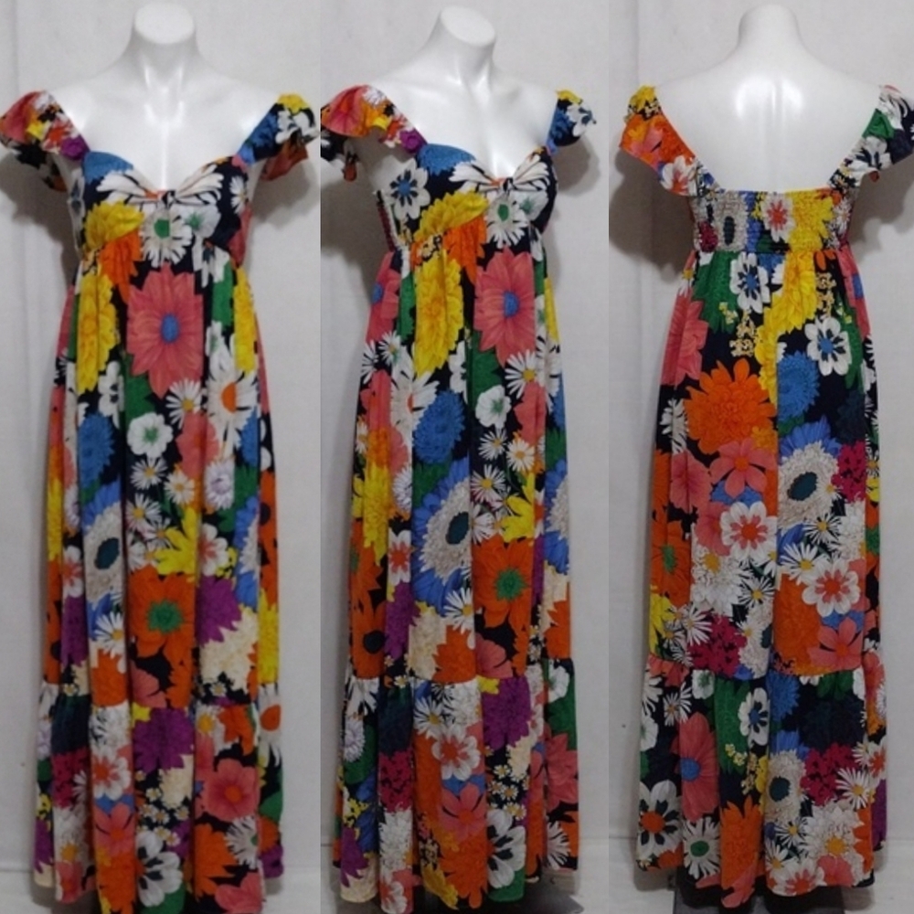 Vibrant Retro Floral Maxi Dress Cap Sleeve Smocked Back Hawaiian Vacation Small